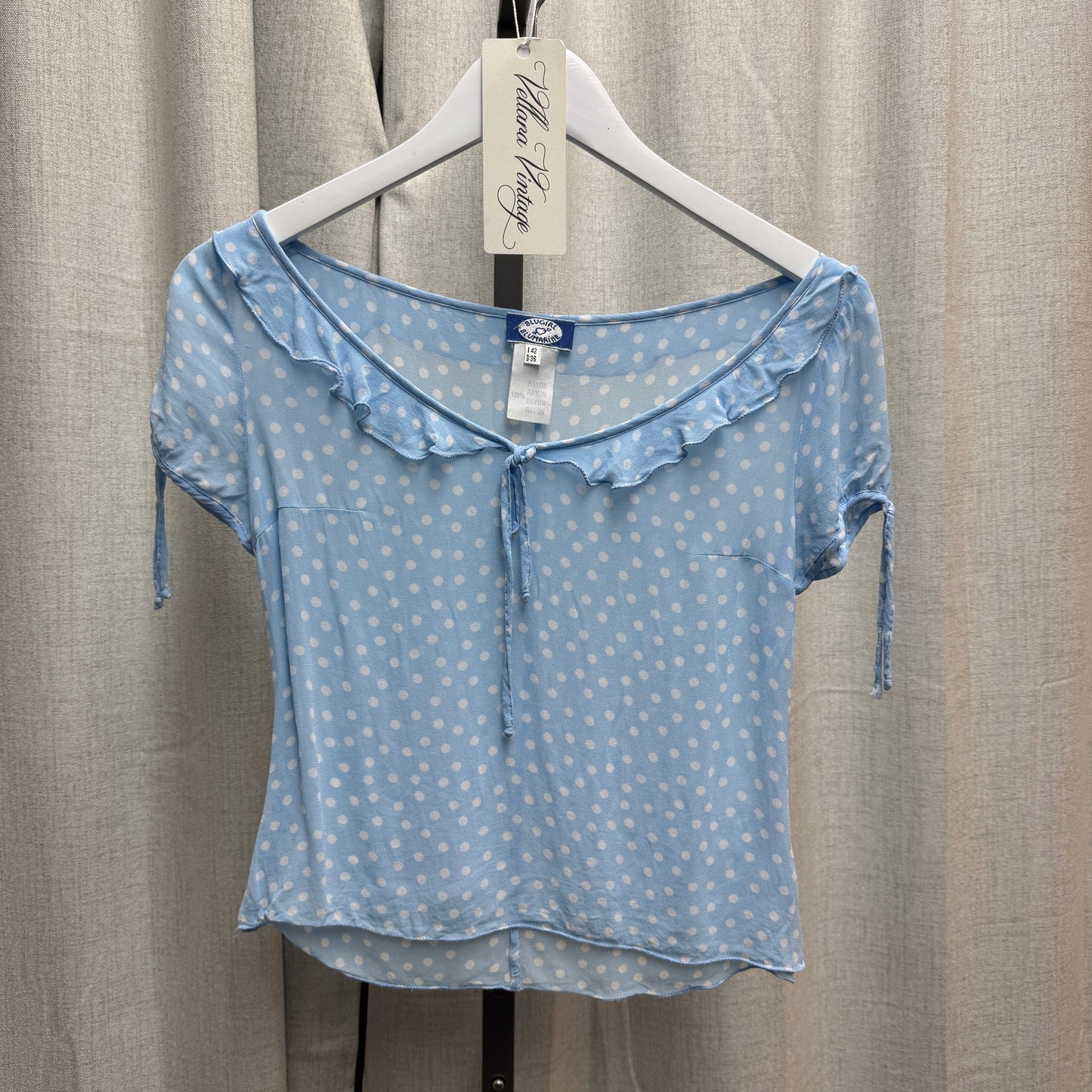 Blugirl by Blumarine Blue Polka Dot Ruffle Neckline Sheer Blouse