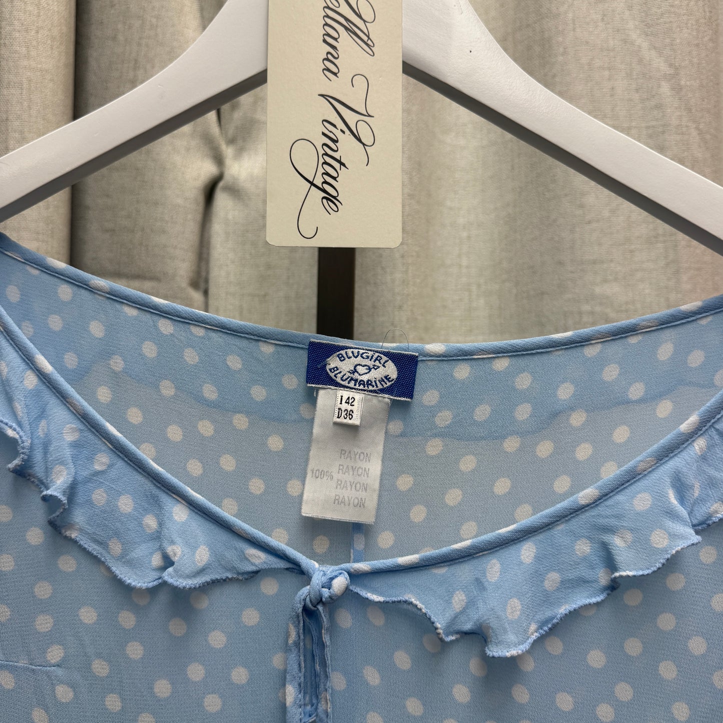 Blugirl by Blumarine Blue Polka Dot Ruffle Neckline Sheer Blouse