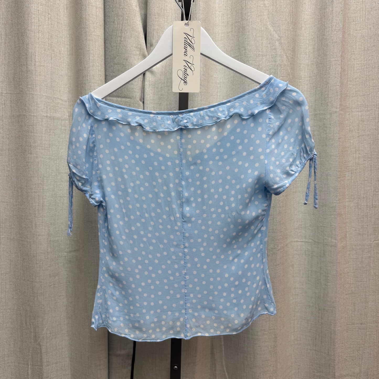 Blugirl by Blumarine Blue Polka Dot Ruffle Neckline Sheer Blouse