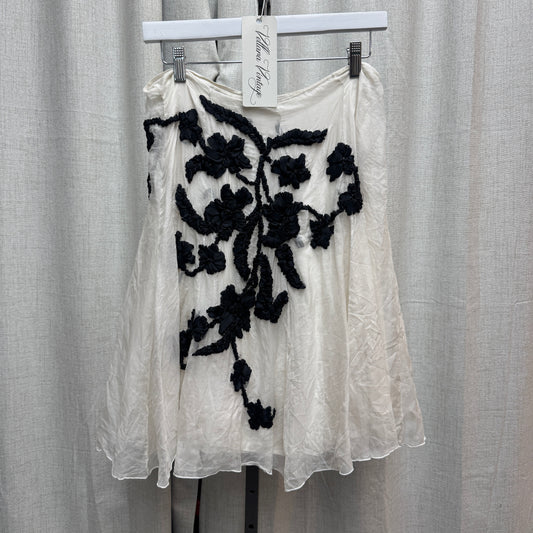 White Midi Skirt with Black Floral Embroidery