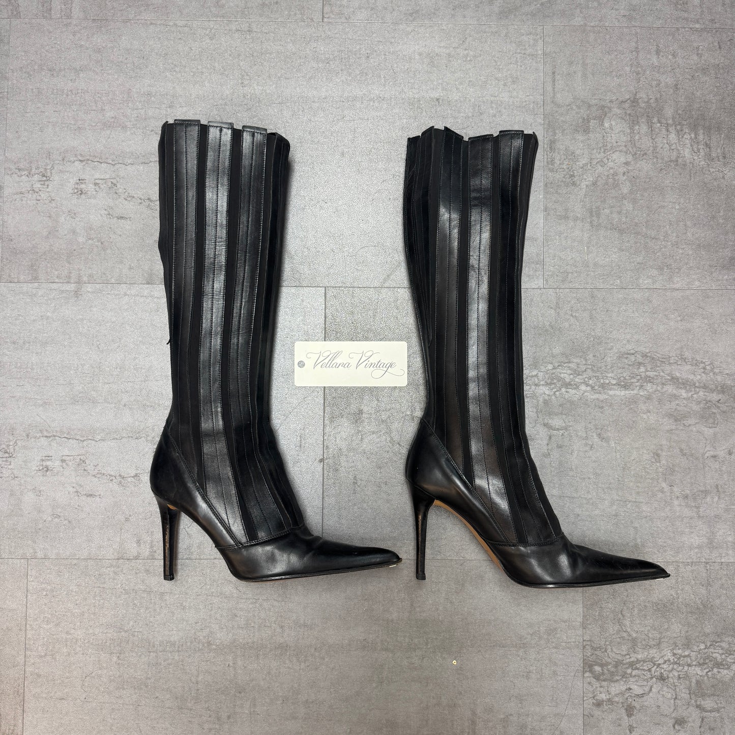Fluxa Black Leather Paneled Point-Toe Knee High Stiletto Heels