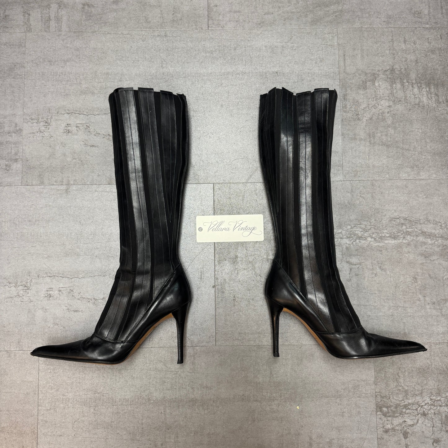 Fluxa Black Leather Paneled Point-Toe Knee High Stiletto Heels