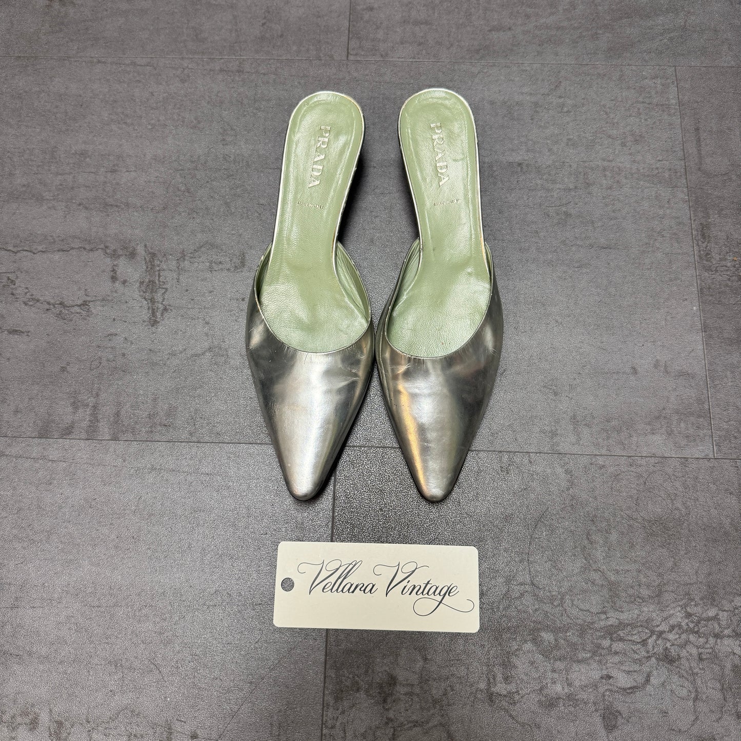 Prada Silver Mule Kitten Heels