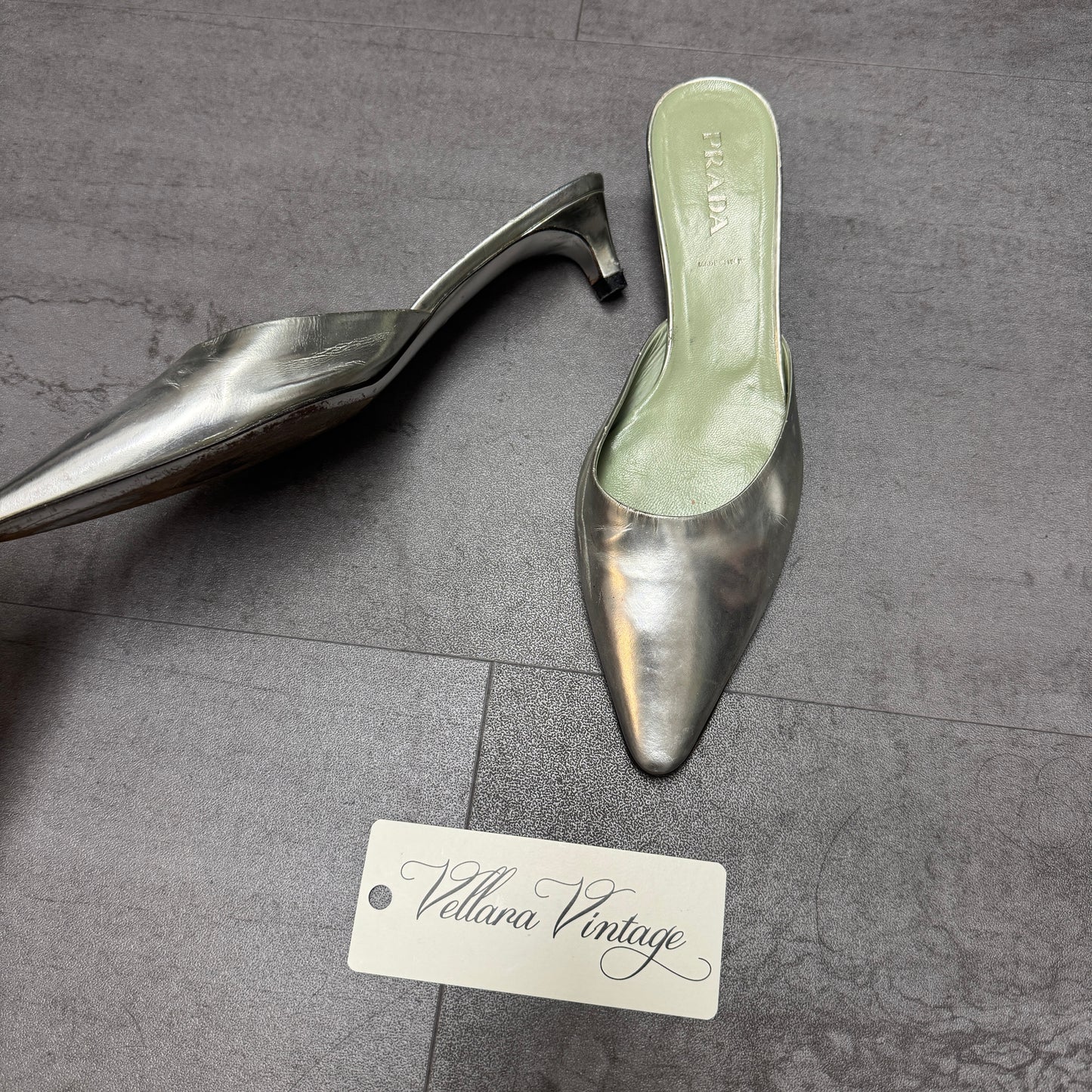 Prada Silver Mule Kitten Heels