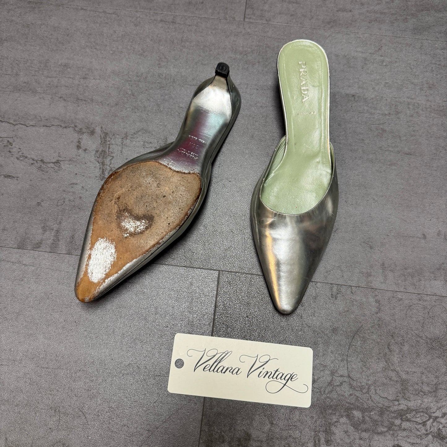 Prada Silver Mule Kitten Heels