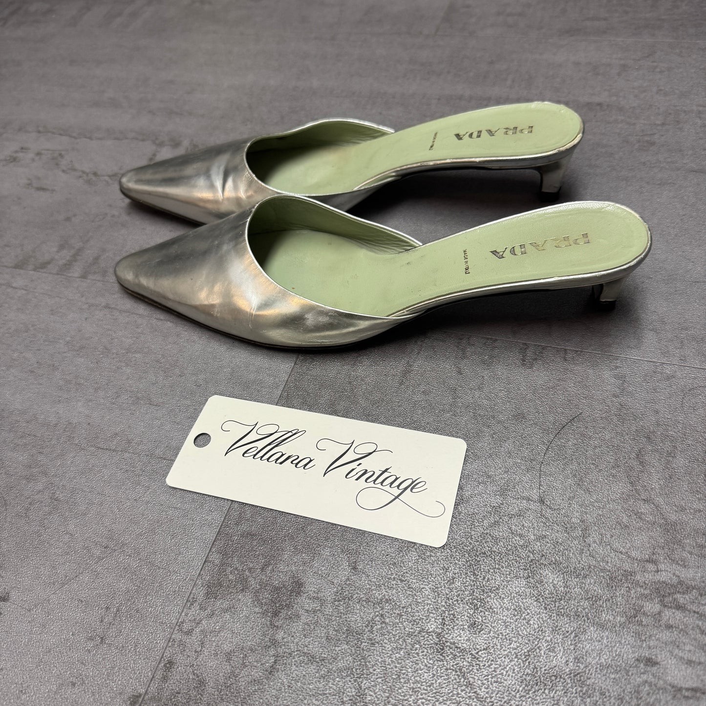Prada Silver Mule Kitten Heels