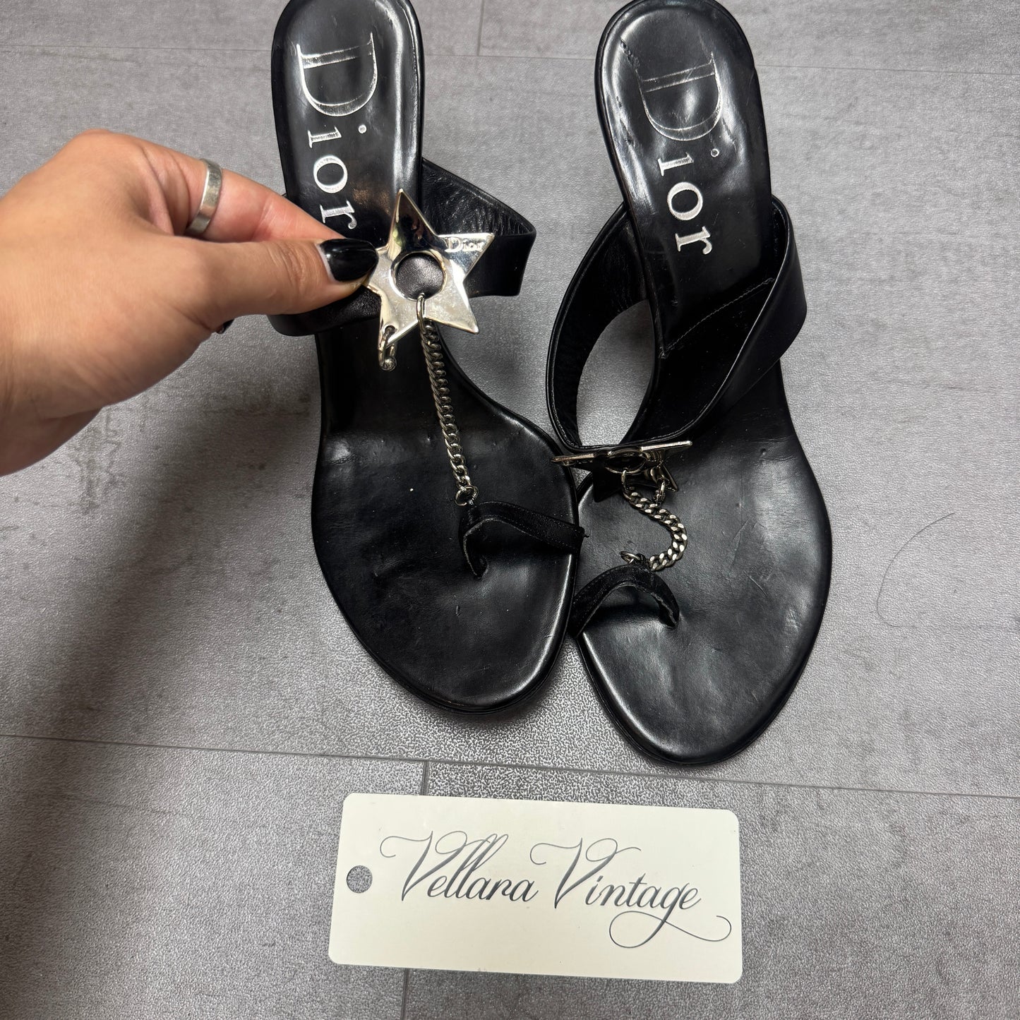 Dior Black Leather Chain-Link Toe Strap Heels