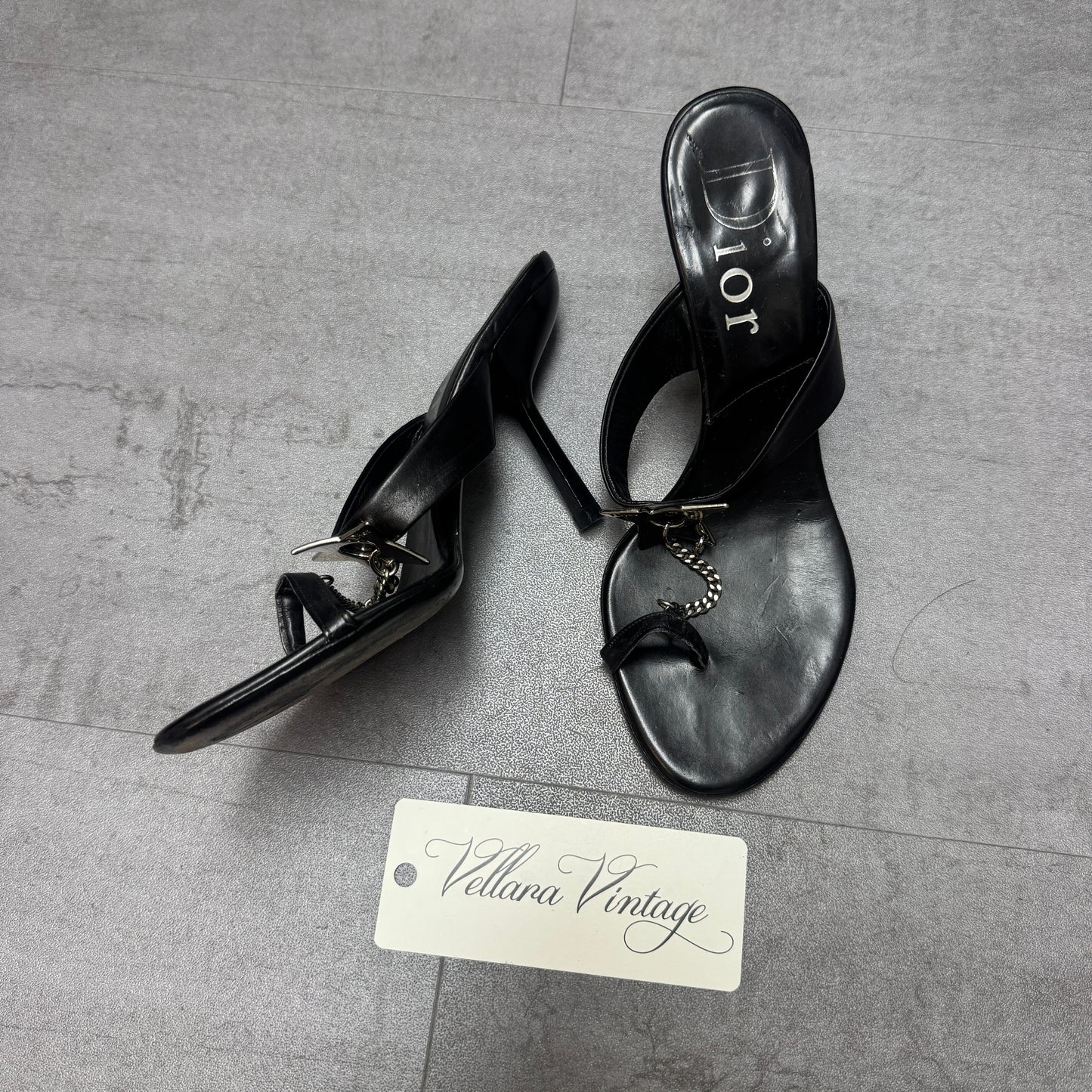 Dior Black Leather Chain-Link Toe Strap Heels