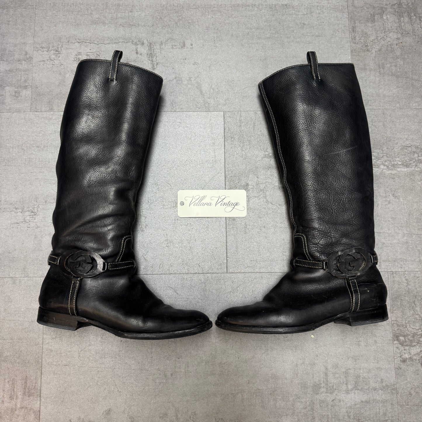Gucci Black Leather Interlocking G Logo Tall Riding Boots