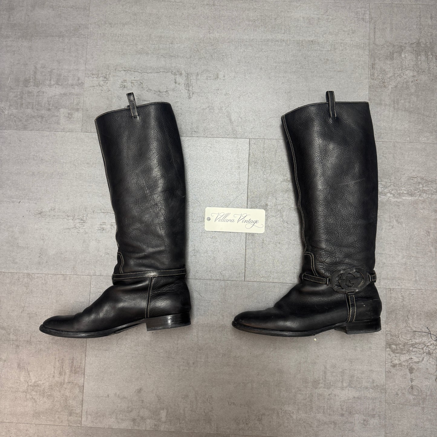 Gucci Black Leather Interlocking G Logo Tall Riding Boots