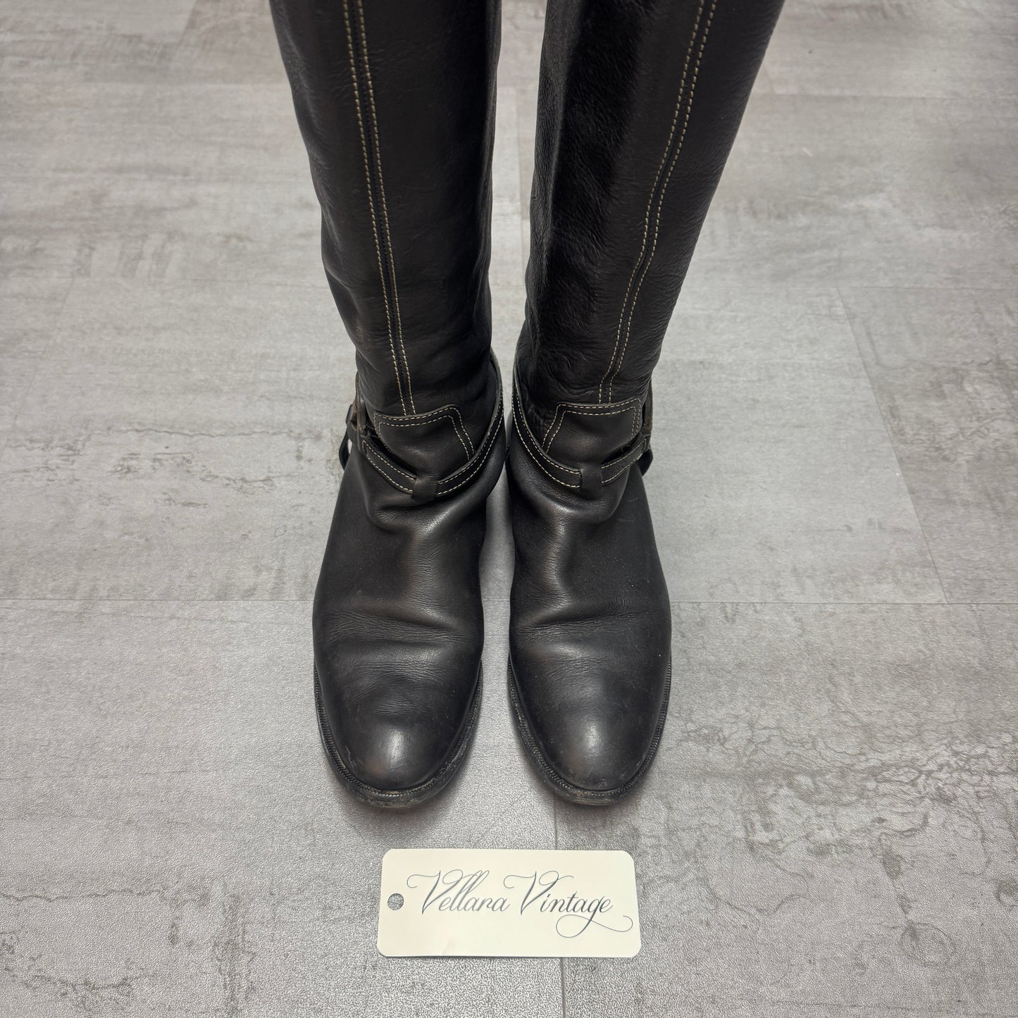 Gucci Black Leather Interlocking G Logo Tall Riding Boots