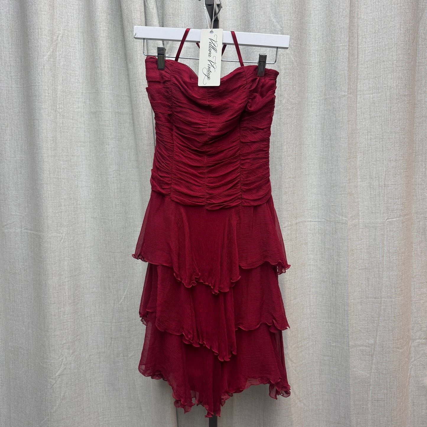 Red Silk Halter Ruched Bodice Tiered Ruffle Midi Dress