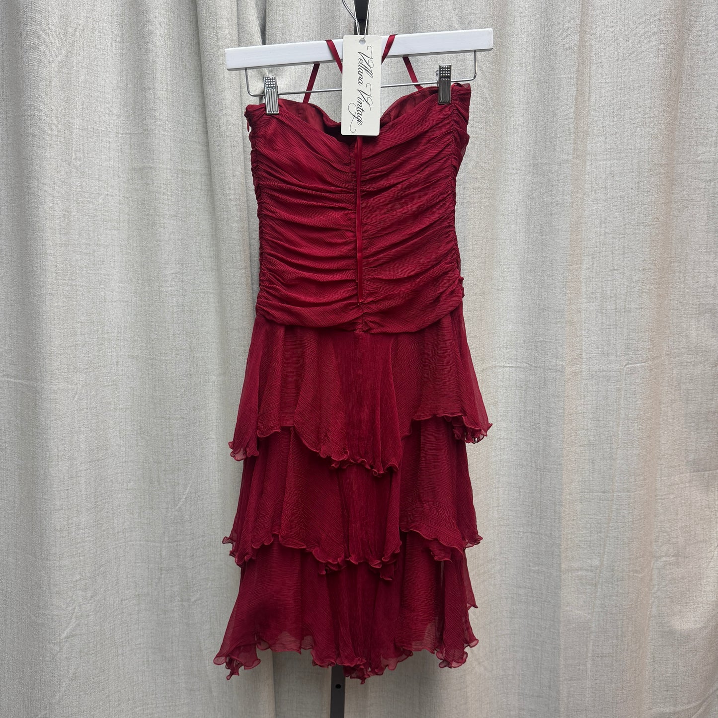 Red Silk Halter Ruched Bodice Tiered Ruffle Midi Dress