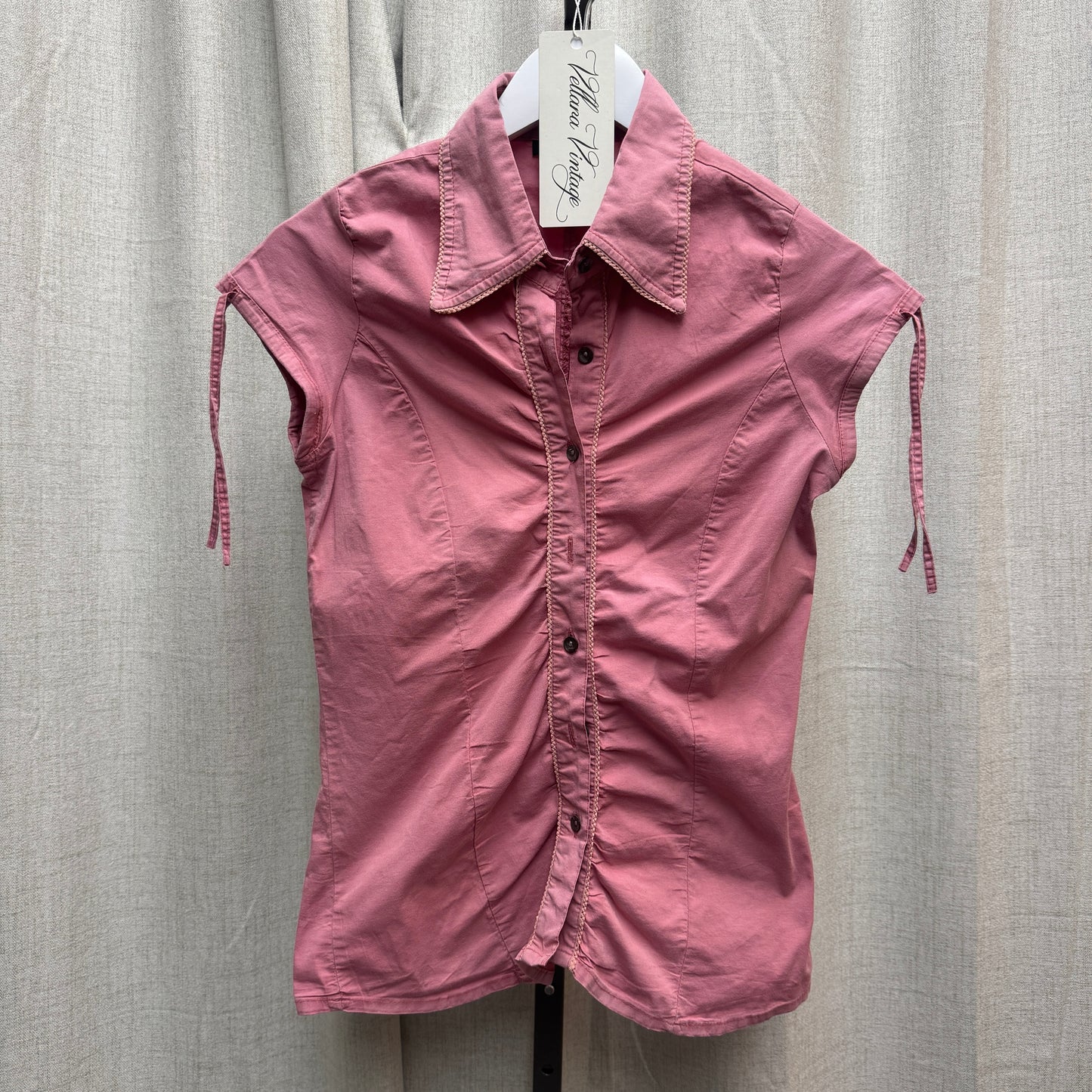 Pink Button Up Short Sleeve Blouse w/ Lace Details