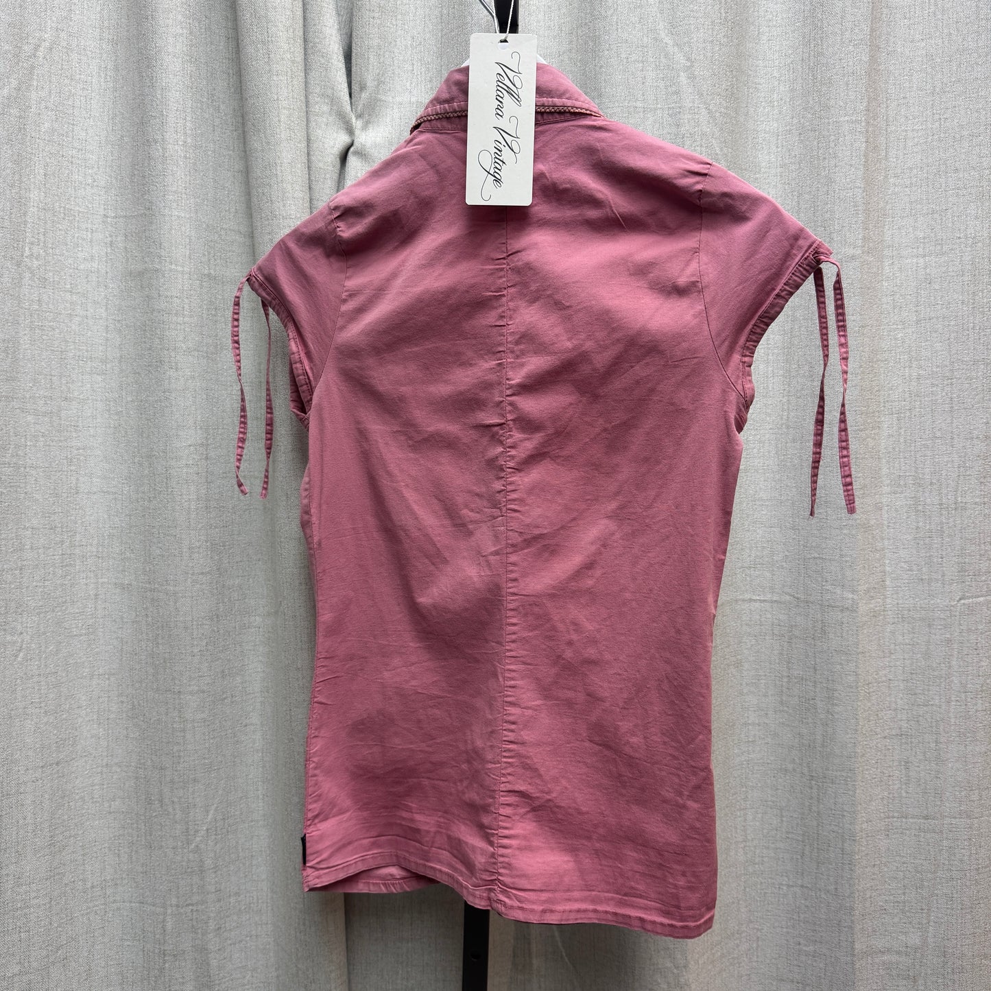 Pink Button Up Short Sleeve Blouse w/ Lace Details