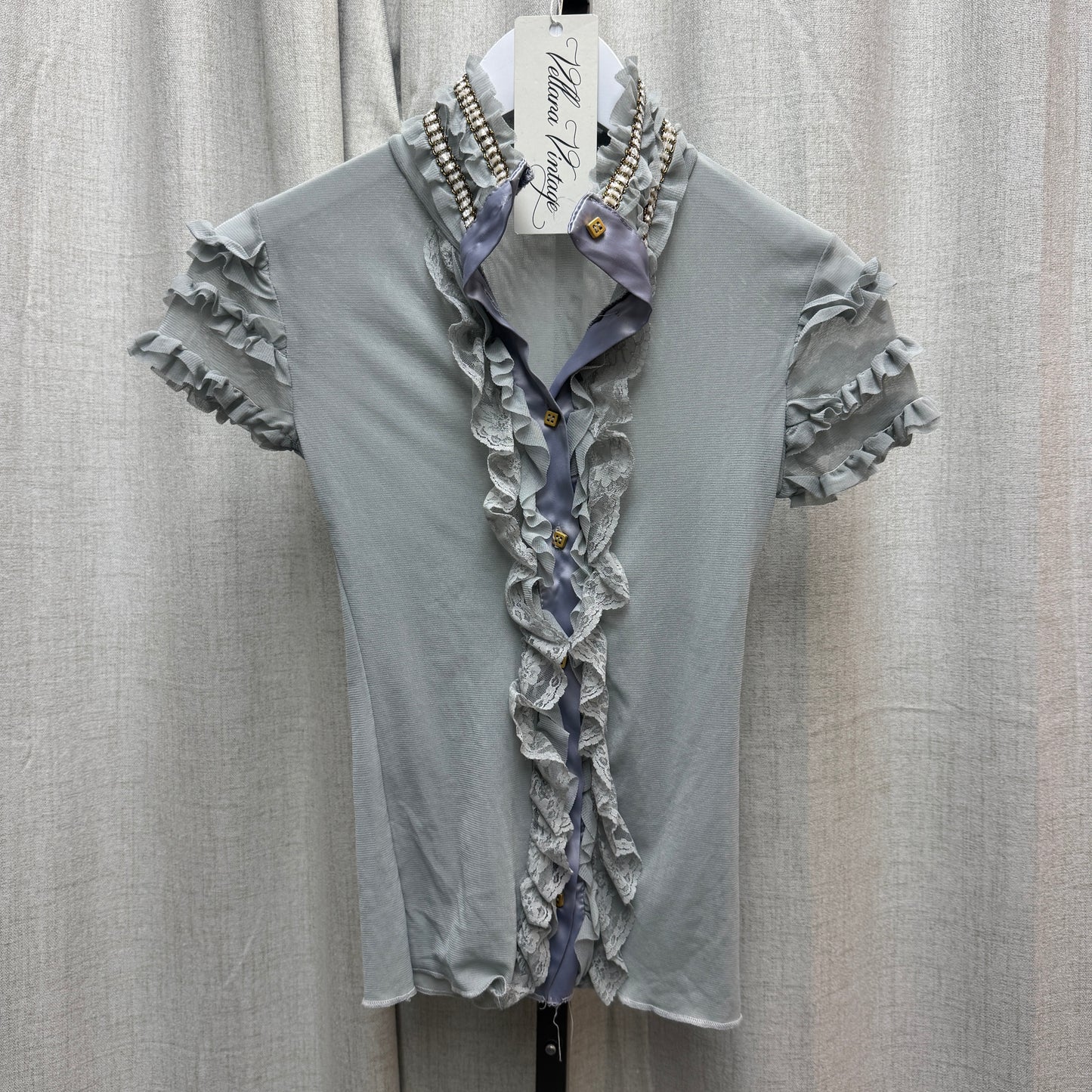 Rinascimento Pale Blue Lace Ruffle Button Up Short Sleeve Blouse