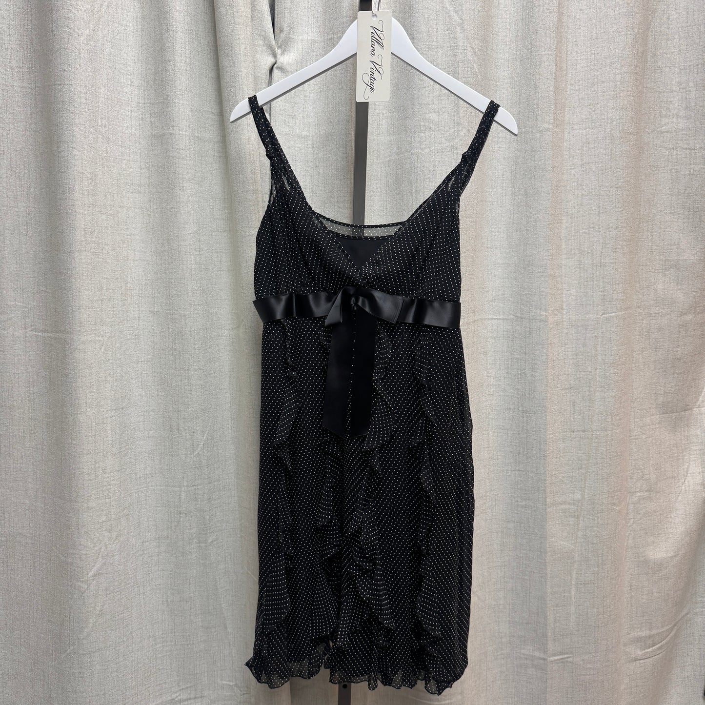 Black Silk Polka Dot Ribbon Midi Dress