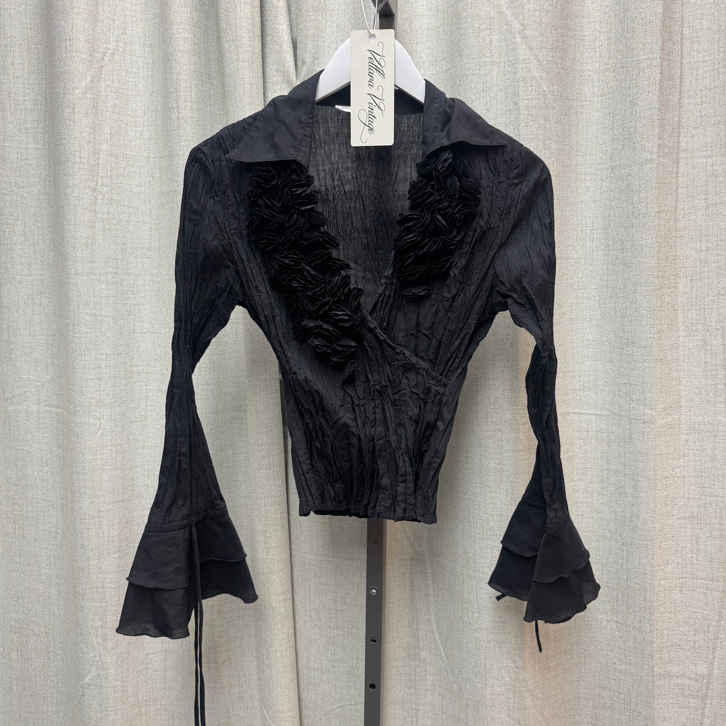 Black Bell Sleeve Crinkle Blouse w/ Floral Appliqués