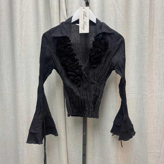 Black Bell Sleeve Crinkle Blouse w/ Floral Appliqués