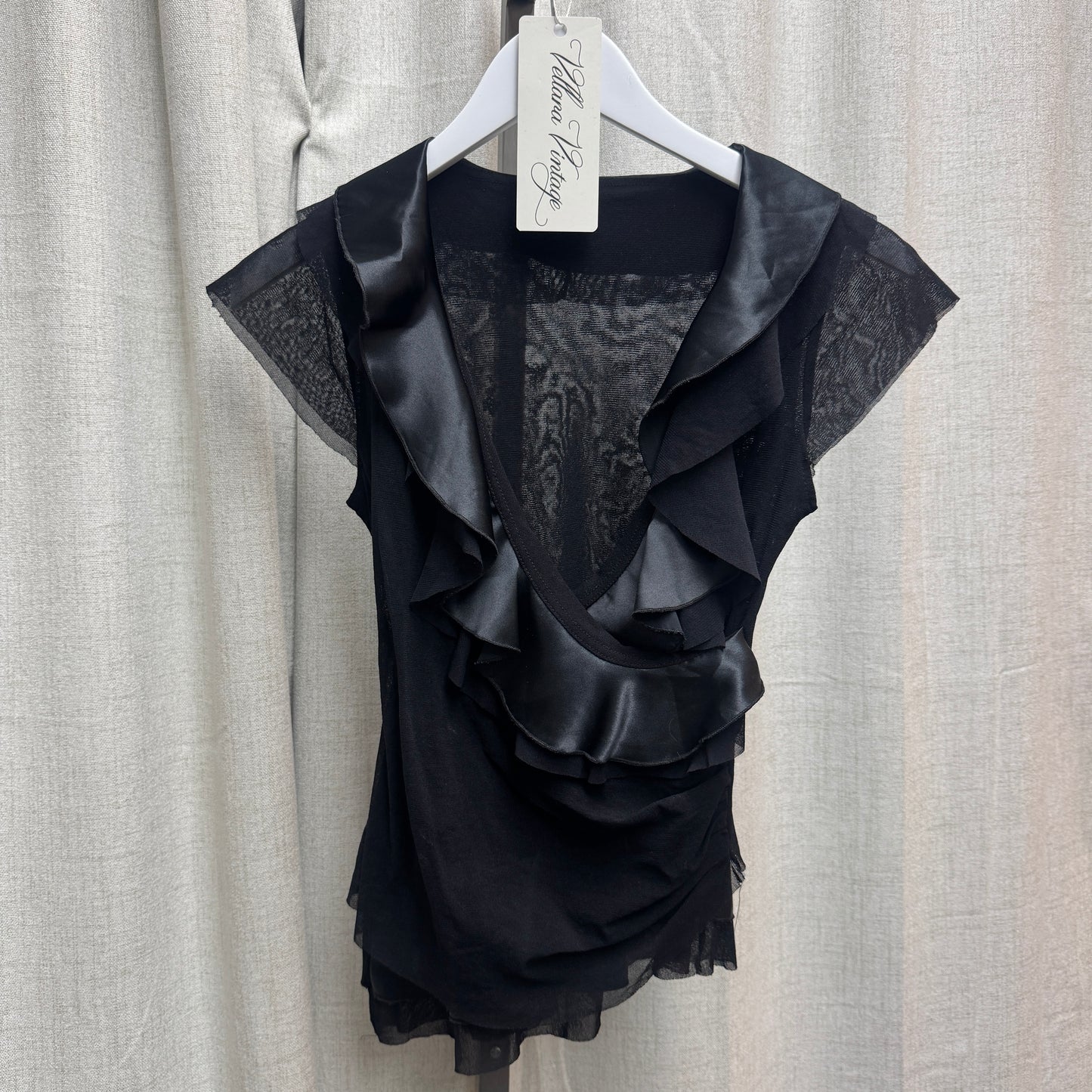 Etam Black Low-Cut Sheer Satin Ruffle V-Neck Short Sleeve Blouse