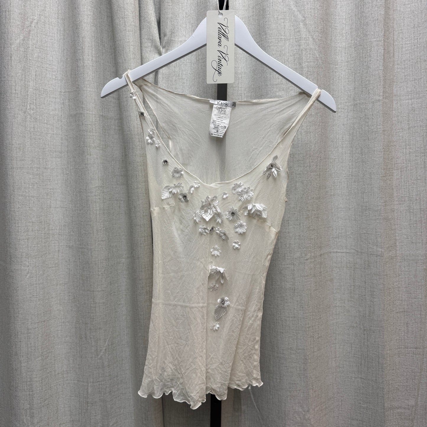 White Silk Semi-Sheer Tank Top w/ Floral Appliqués