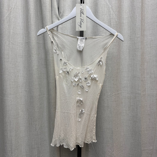 White Silk Semi-Sheer Tank Top w/ Floral Appliqués