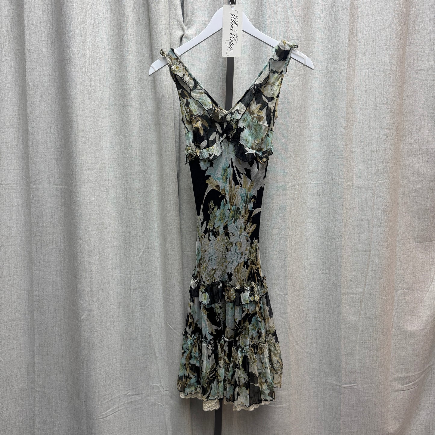 Blue and Green Floral Silk Low-Back Midi Dress