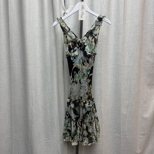 Blue and Green Floral Silk Low-Back Midi Dress