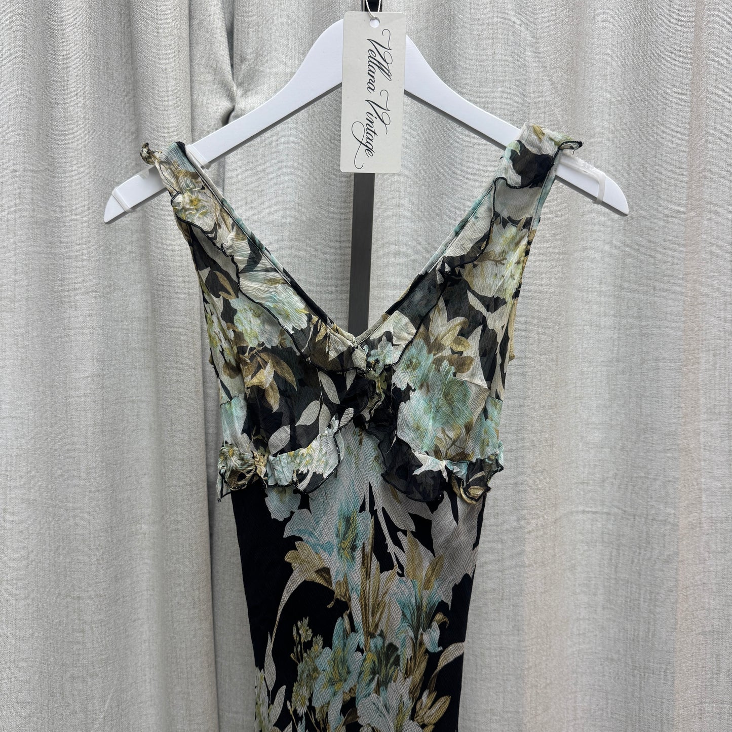 Blue and Green Floral Silk Low-Back Midi Dress