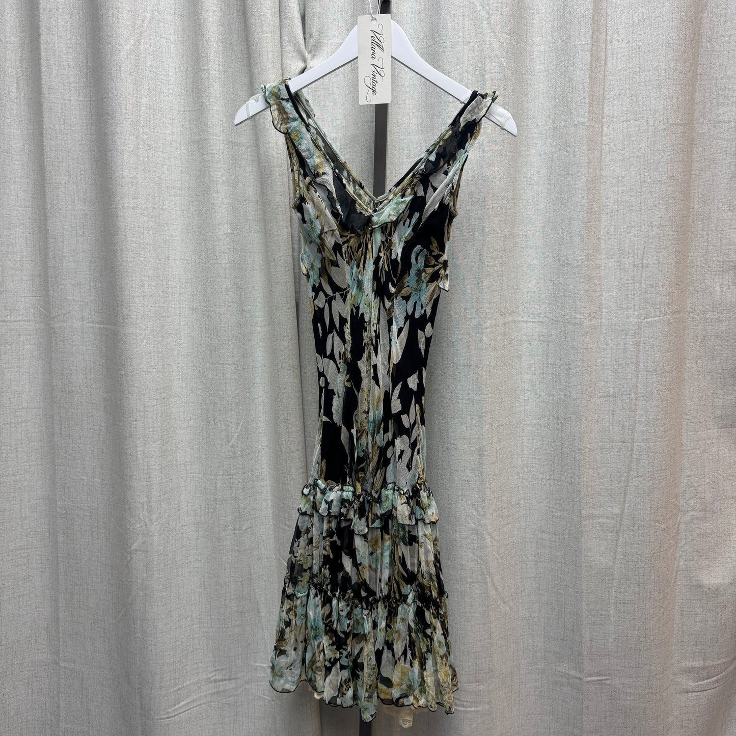Blue and Green Floral Silk Low-Back Midi Dress