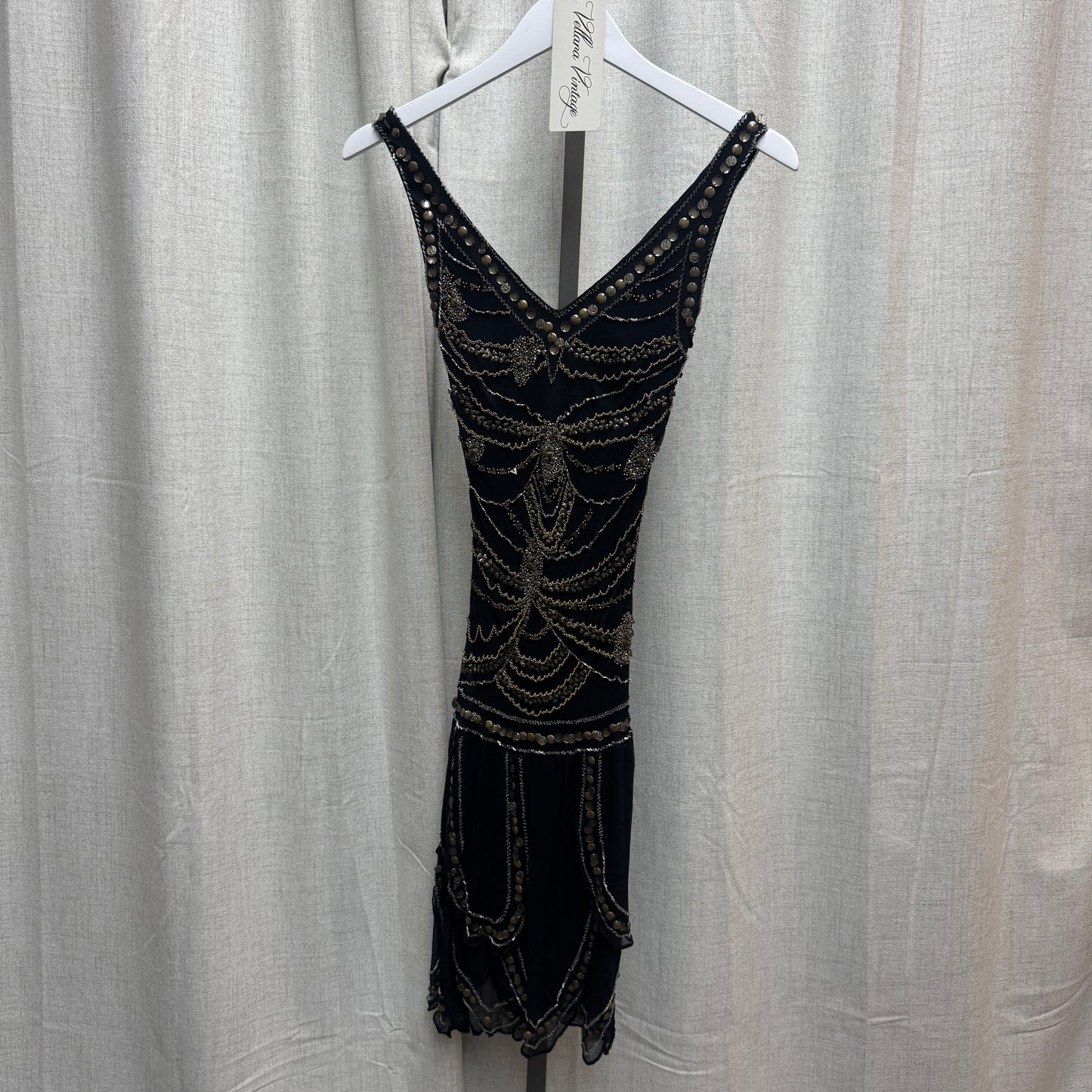 Silk Black and Gold Sequin Studded Layered Midi Dress