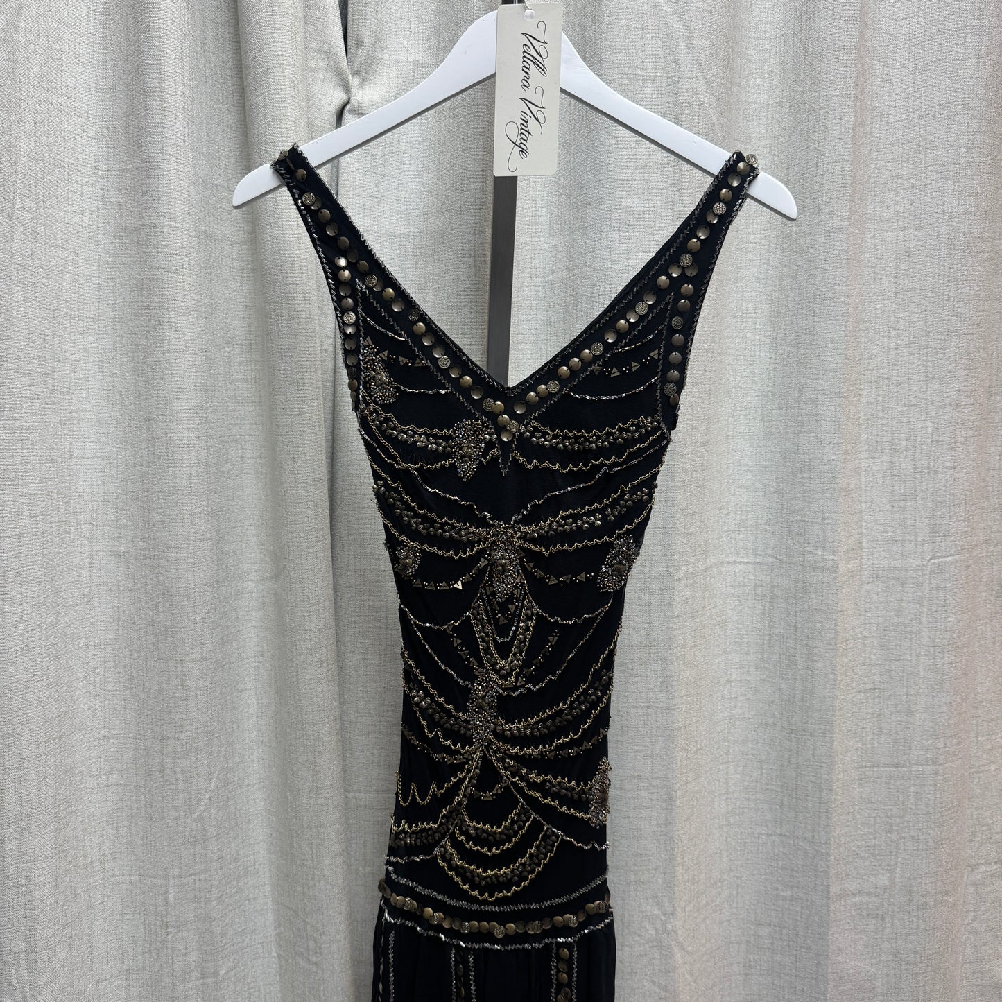 Silk Black and Gold Sequin Studded Layered Midi Dress