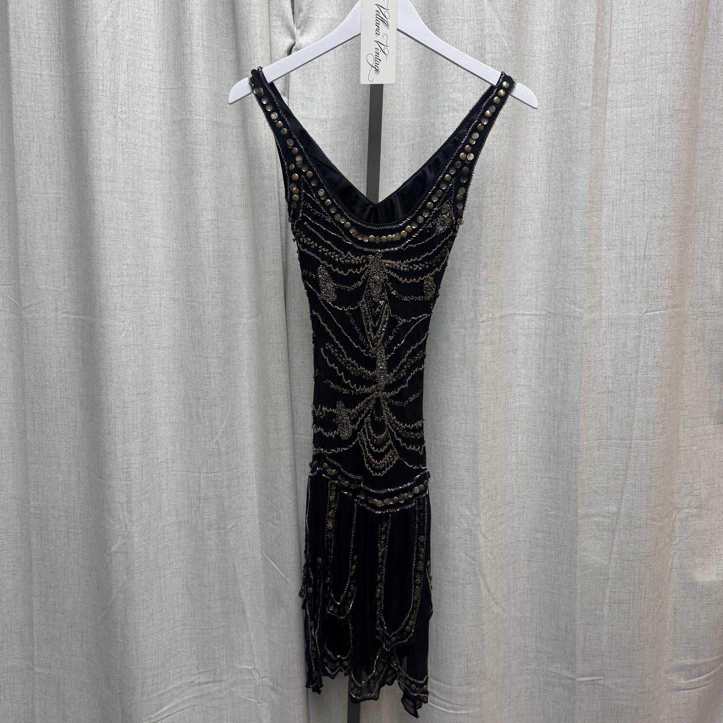 Silk Black and Gold Sequin Studded Layered Midi Dress