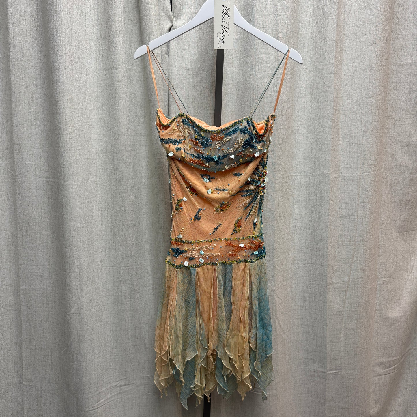 Blue and Peach Silk Seashell Beaded Midi Dress