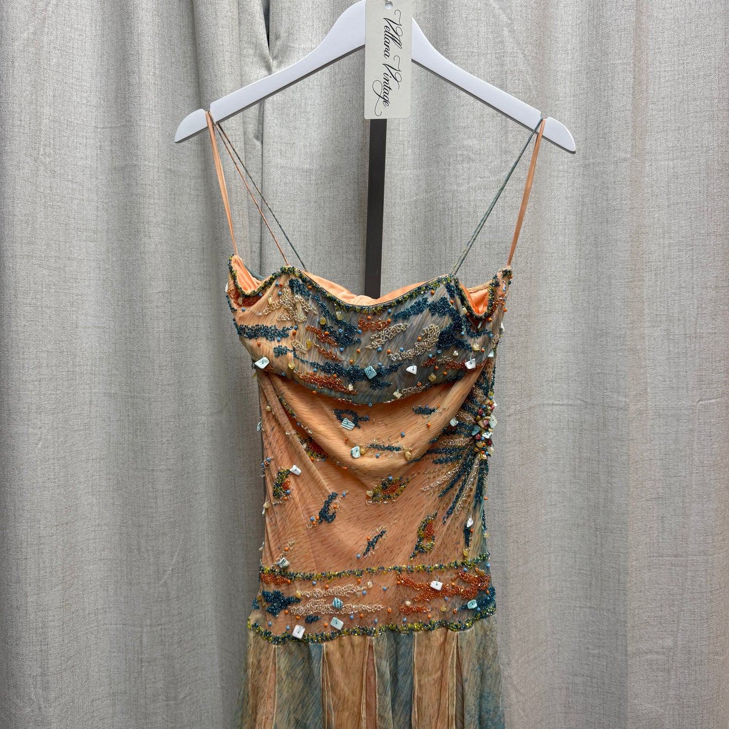 Blue and Peach Silk Seashell Beaded Midi Dress
