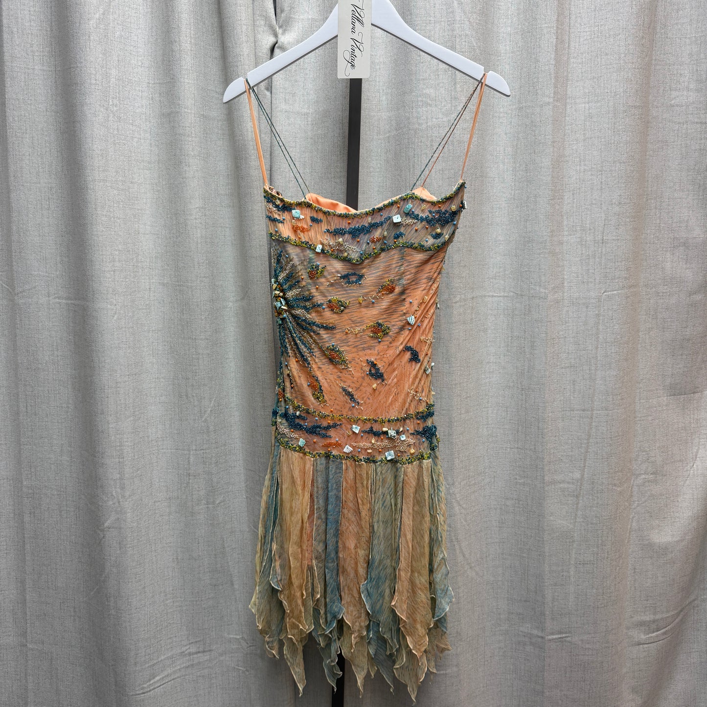 Blue and Peach Silk Seashell Beaded Midi Dress