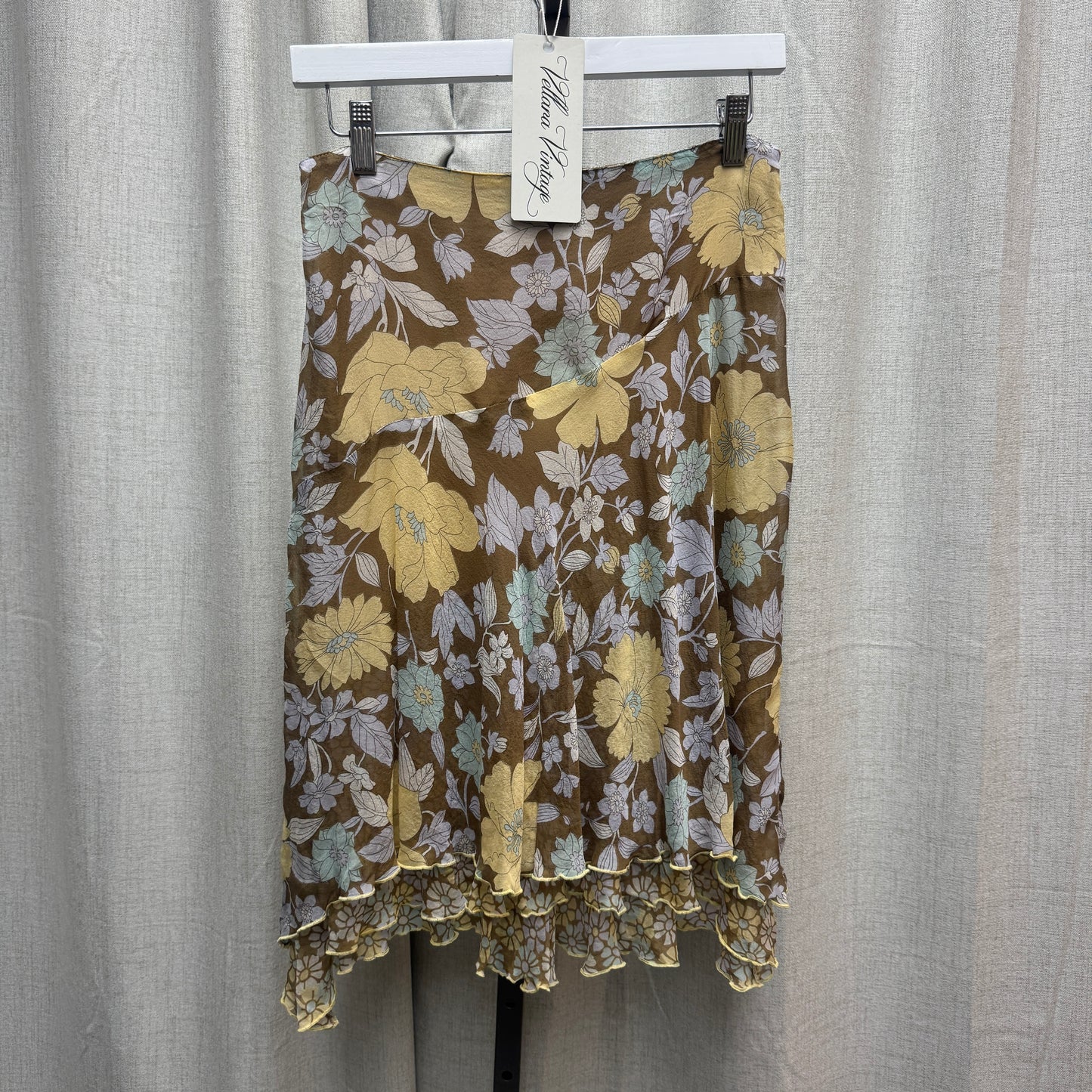 Yellow and Blue Floral Blouse and Silk Midi Skirt Set