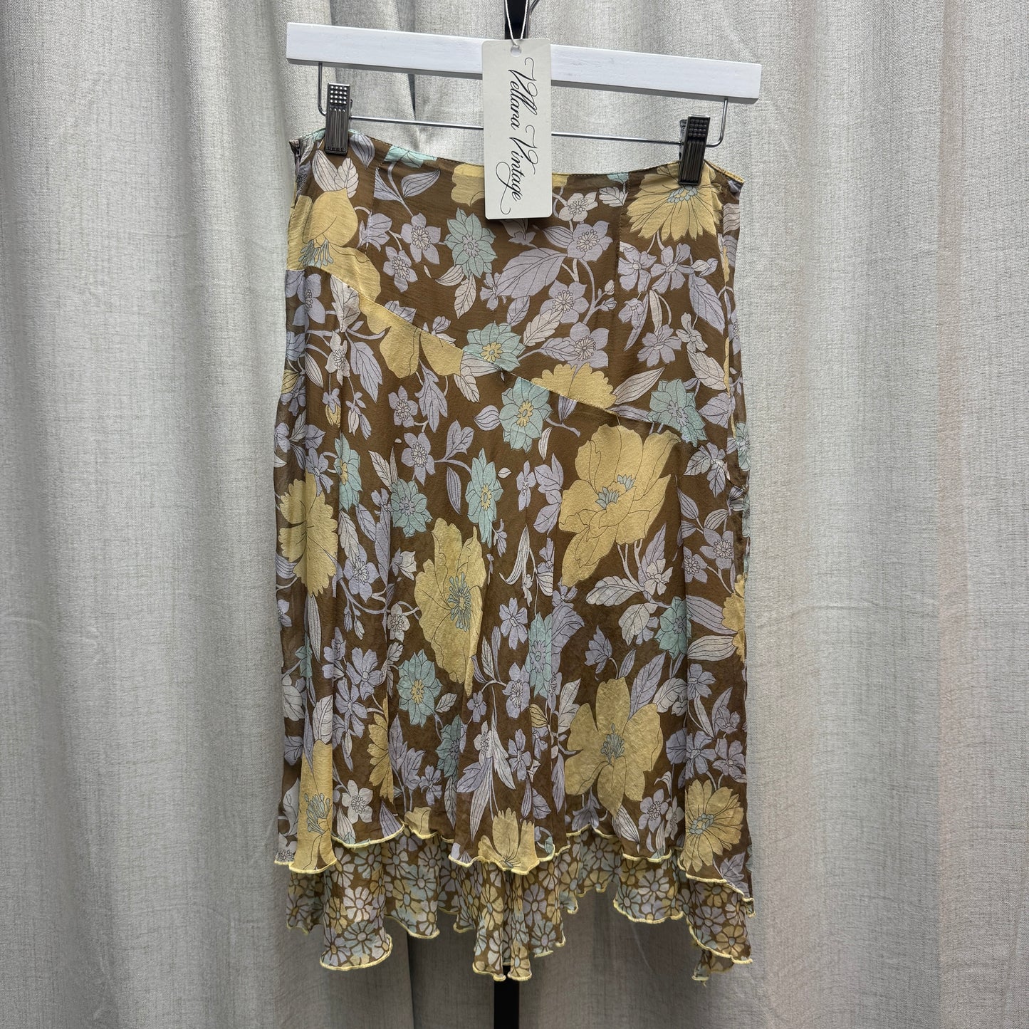 Yellow and Blue Floral Blouse and Silk Midi Skirt Set