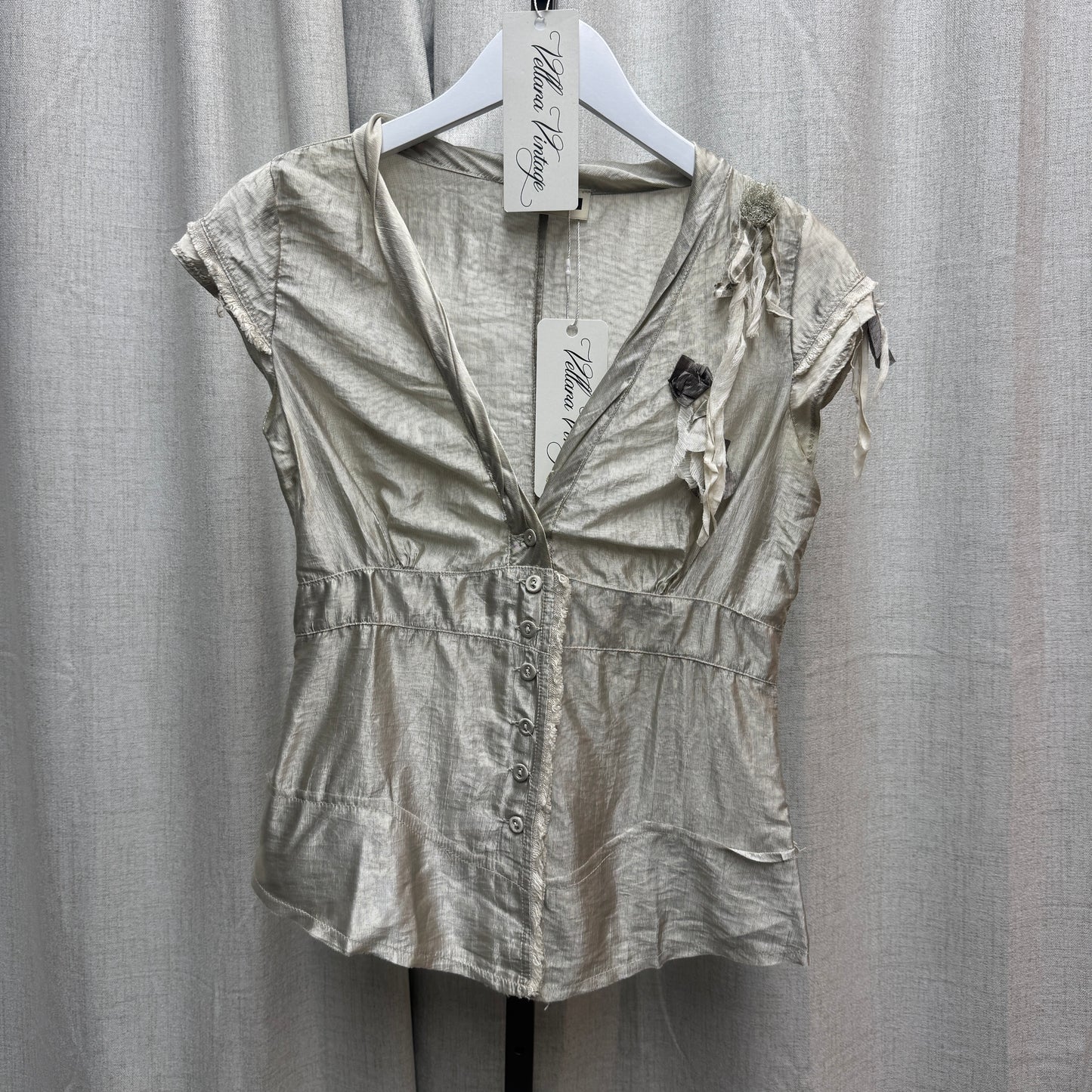 Shiny Silver Low-Cut Button Blouse w/ Floral Details