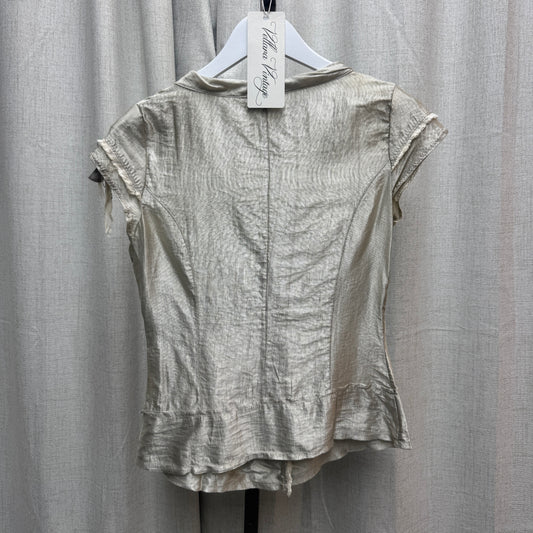 Shiny Silver Low-Cut Button Blouse w/ Floral Details