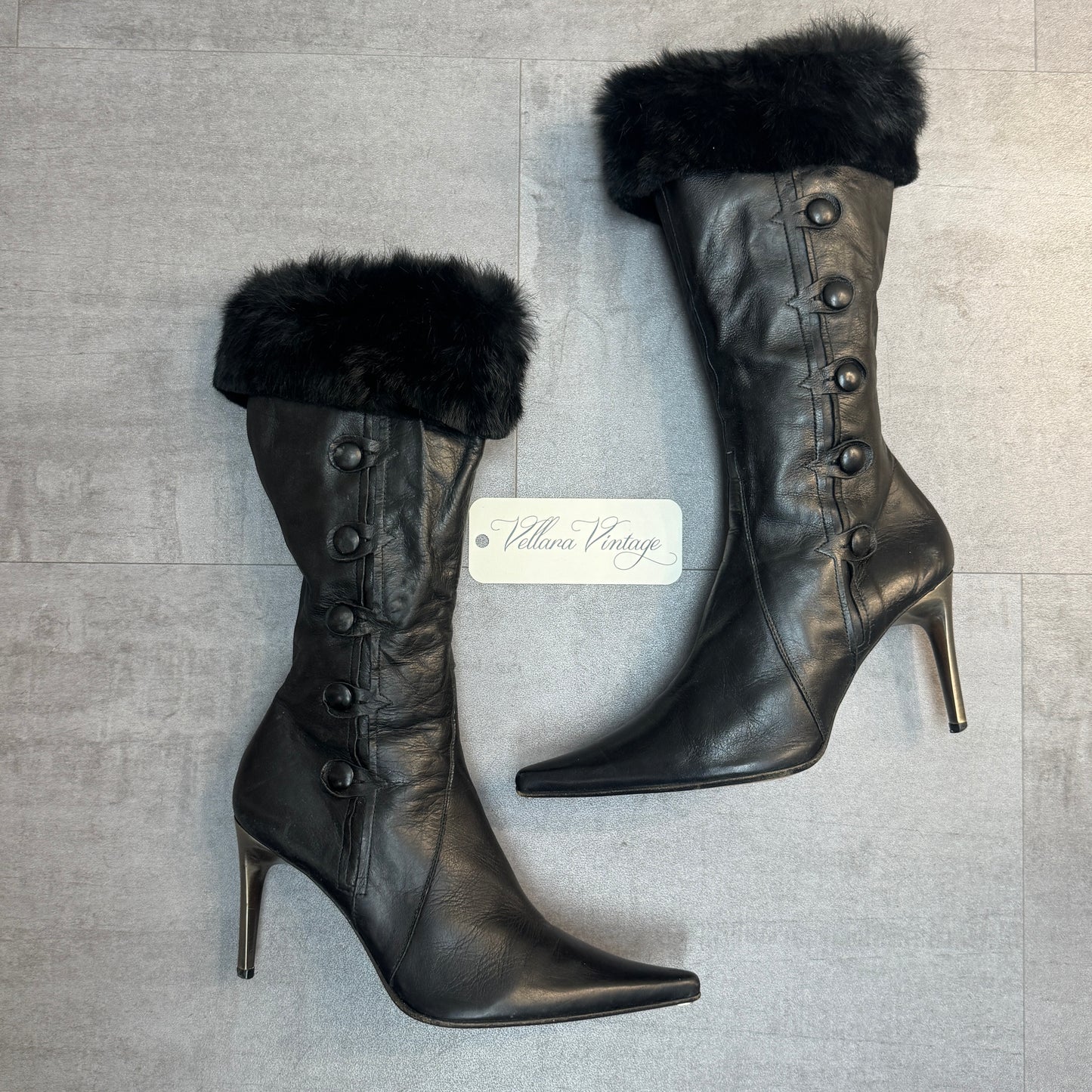 Black Leather Rabbit Fur Stiletto Boots