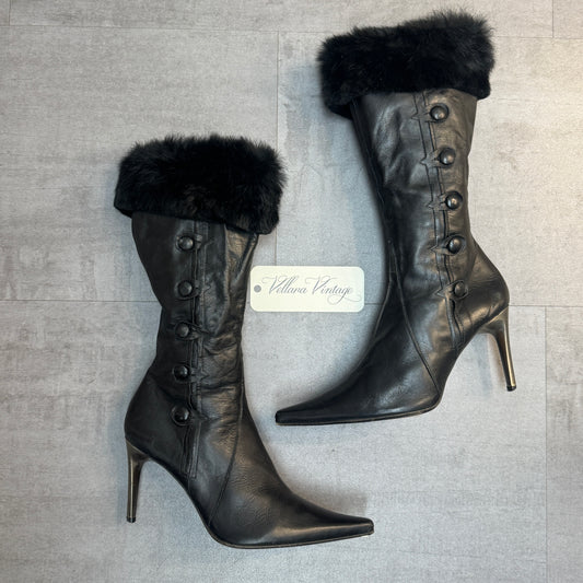Black Leather Rabbit Fur Stiletto Boots