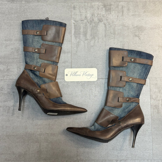 Brown Leather and Denim Buckle Stiletto Boots