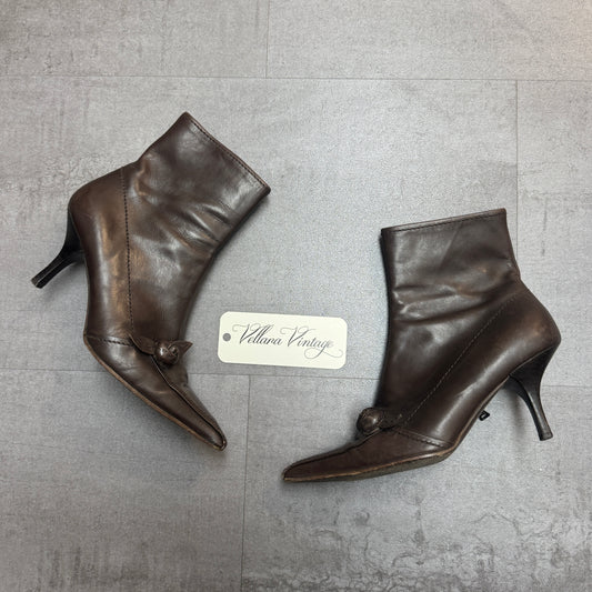 Prada Brown Leather Flower Ankle Boots