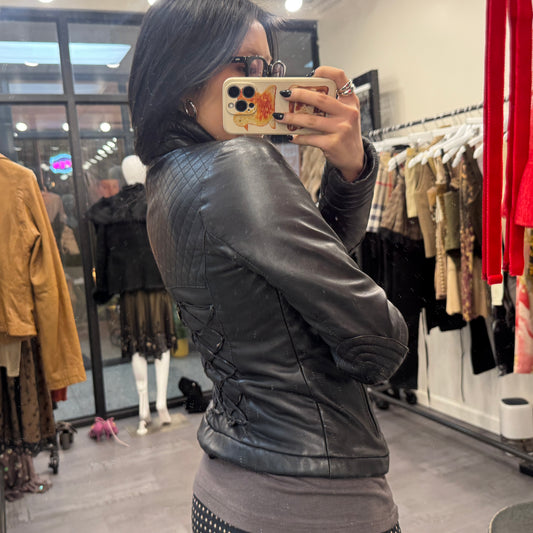 Jean Paul Gaultier Black Leather Lace Up Jacket