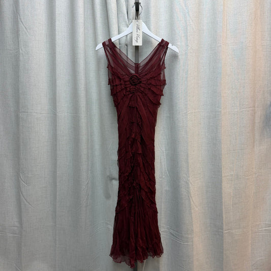 Red 100% Silk Layered Frayed Midi Dress w/ Floral Appliqué