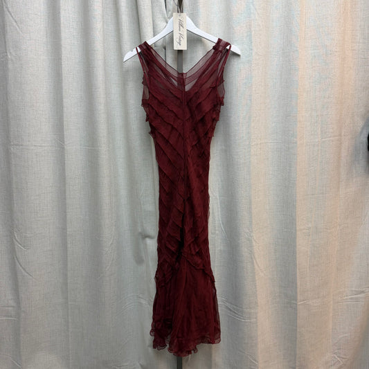Red 100% Silk Layered Frayed Midi Dress w/ Floral Appliqué