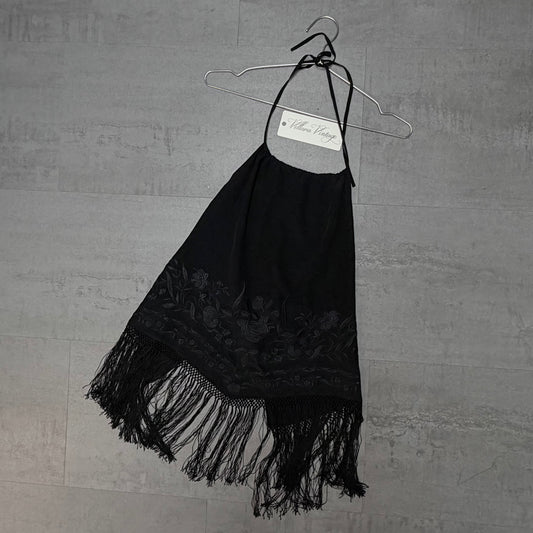 Ralph Lauren Silk Embroidered Halter Top With Fringe Trim