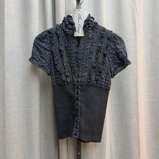 Grey Gingham Ruffle & Rib Knit Blouse
