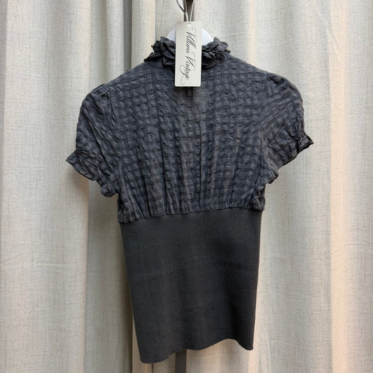 Grey Gingham Ruffle & Rib Knit Blouse